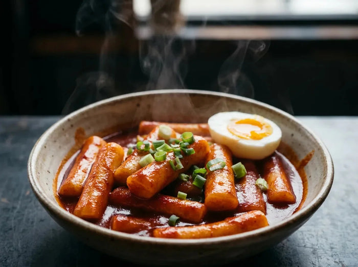 Tteokbokki coréen : gâteaux de riz cylindriques mijotés dans une sauce rouge au gochujang, avec oignons nouveaux et œuf dur