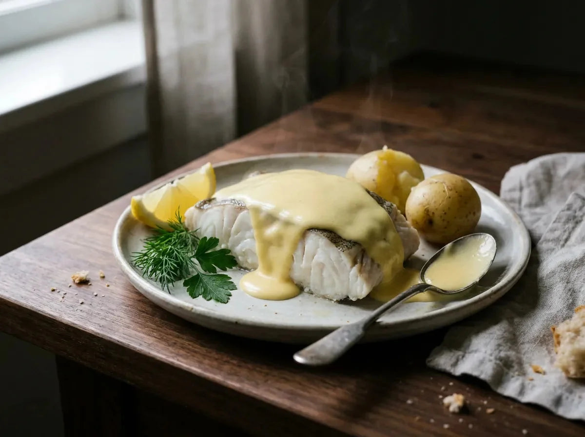 Tronçon de turbot poché nappé d’une sauce hollandaise onctueuse, sur une assiette de fête