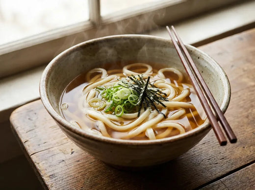 Bol d’udon au bouillon : grosses nouilles blanches dans un bouillon dashi ambré, garni d’oignon nouveau ciselé et de lanières de nori