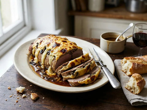 Veau Orloff : longe de veau braisée reconstituée avec Soubise et duxelles, nappée de Mornay gratinée et dorée