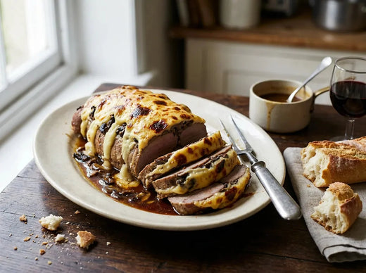 Veau Orloff : longe de veau braisée reconstituée avec Soubise et duxelles, nappée de Mornay gratinée et dorée