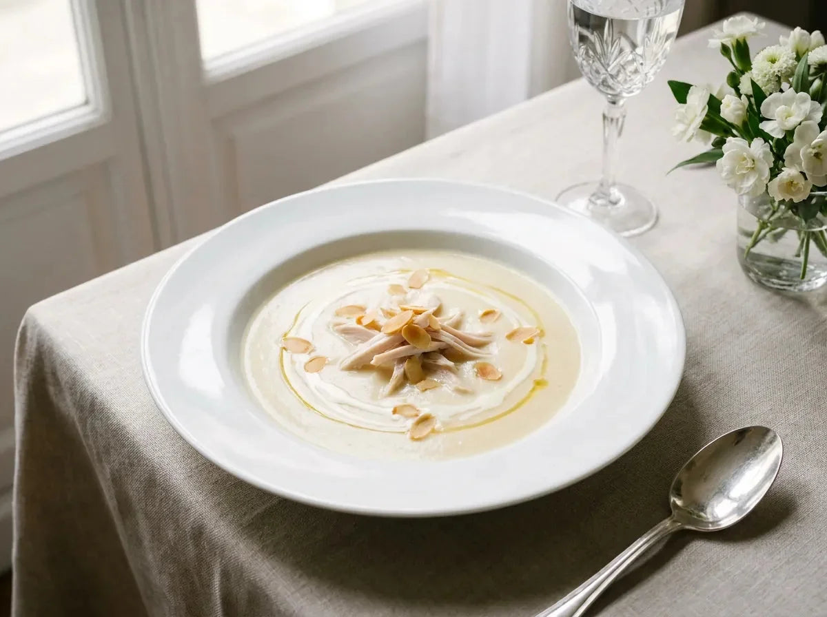 Assiette de velouté Dame-Blanche crème de volaille aux amandes, garni de julienne de blanc de poulet et d’amandes effilées torréfiées