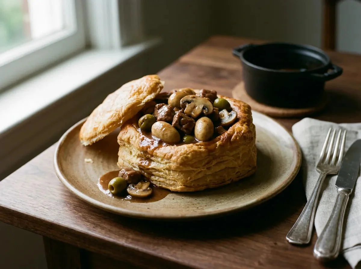 Vol-au-vent à la financière : grande croûte feuilletée dorée garnie de ris de veau, quenelles et champignons dans une sauce au madère