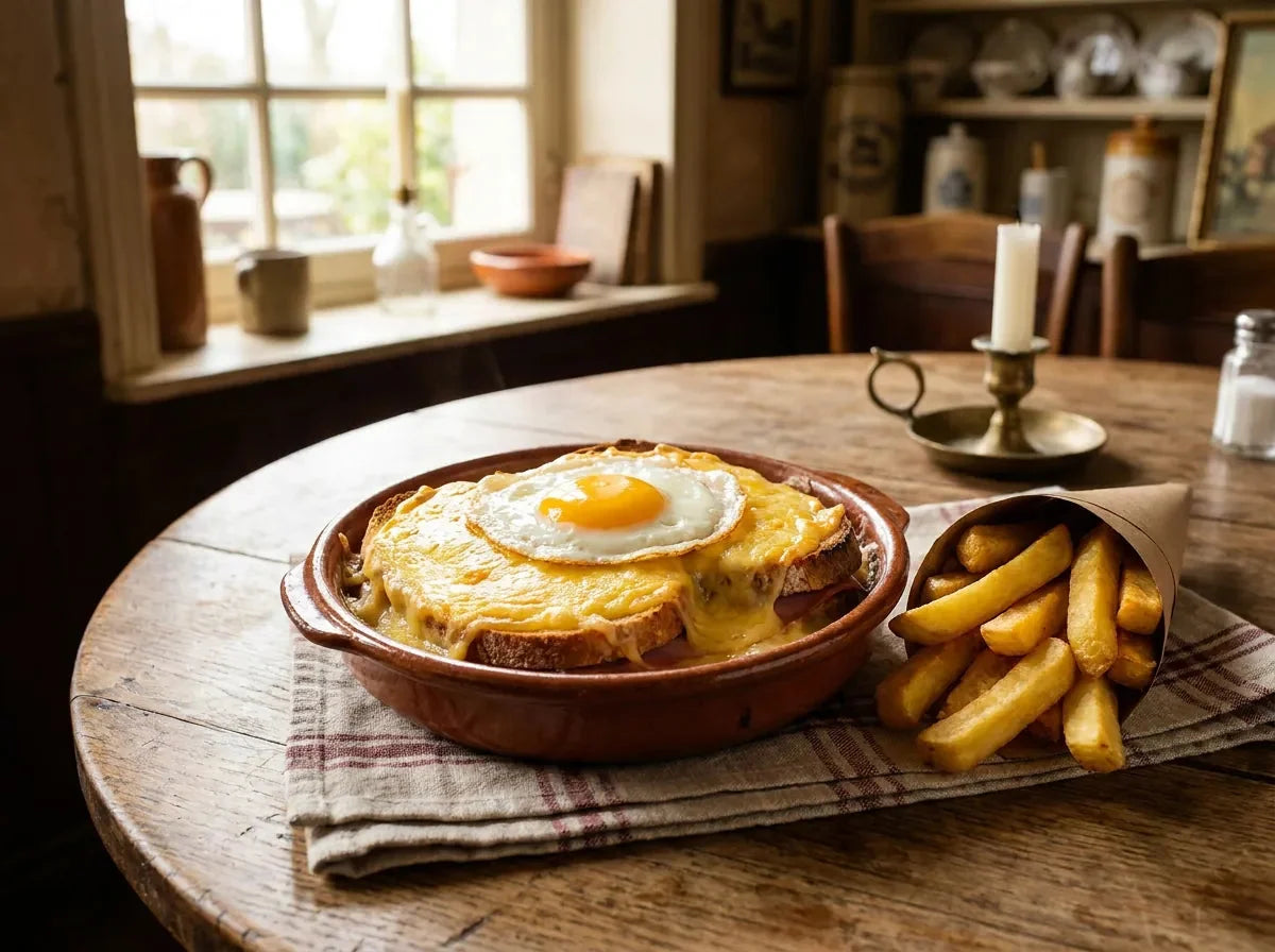 Welsh complet du Nord : crème de cheddar fondu à la bière gratinée sur pain et jambon, coiffée d'un œuf au plat, avec des frites