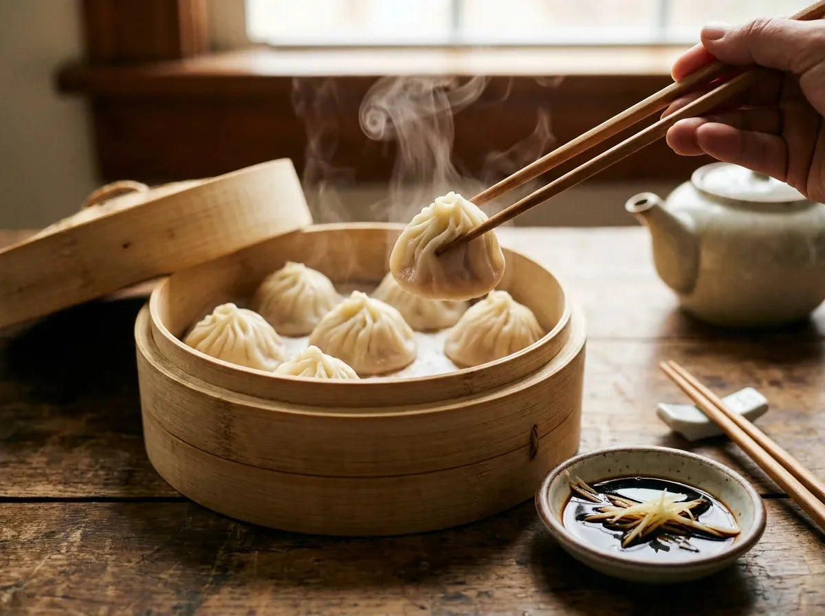 Xiao long bao de Shanghai dans un panier vapeur en bambou, raviolis plissés remplis de bouillon, avec un bol de vinaigre noir