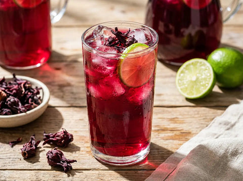 Agua de Jamaica, infusion d'hibiscus rouge servie sur glaçons avec du citron vert
