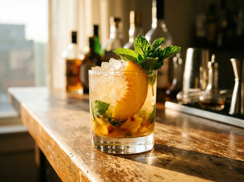 Bourbon Peach Smash sur glace pilée avec lamelle de pêche et bouquet de menthe dans un verre bas, comptoir de bar ensoleillé