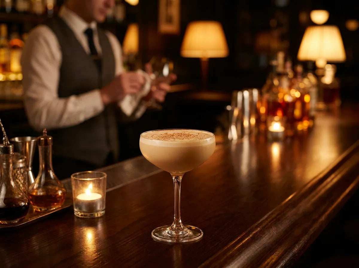 Brandy Alexander servi en coupe avec un voile de noix de muscade râpée