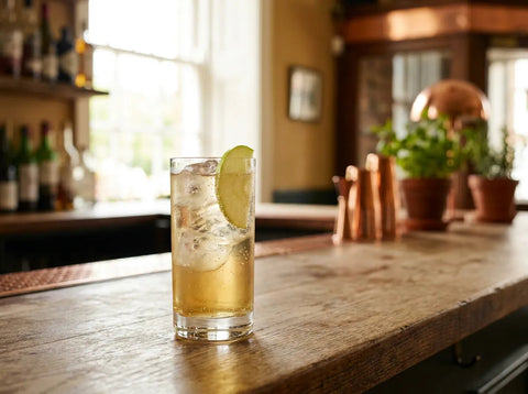 Calvados Tonic servi en highball sur glaçons avec une tranche de pomme