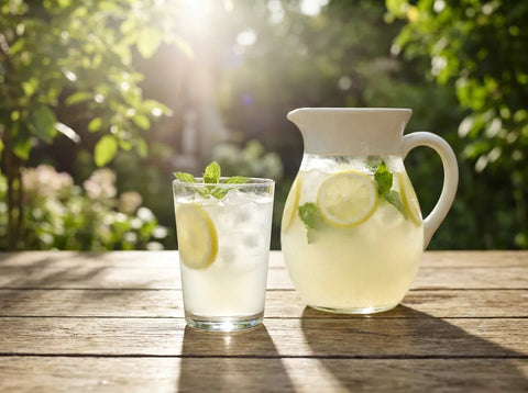 Citronnade maison en pichet avec rondelles de citron, menthe fraîche et glaçons