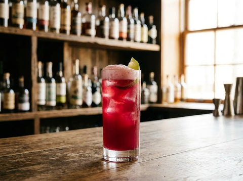 Cocktail El Diablo rouge magenta dans un grand verre highball avec glaçons et quartier de citron vert