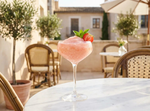 Frosé, granité de vin rosé glacé aux fraises servi en coupe givrée