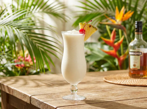 Frozen Piña Colada onctueuse dans un verre hurricane, garnie d'ananas et d'une cerise
