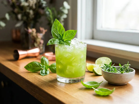 Cocktail Gin Basil Smash vert vif dans un verre bas, garni d'une feuille de basilic