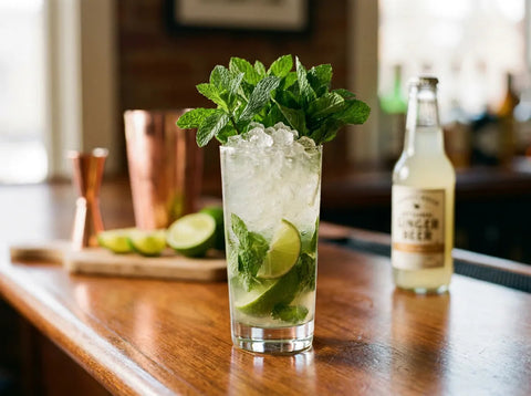 Gin-Gin Mule dans un highball avec gros bouquet de menthe, citron vert et glace pilée sur un comptoir de bar