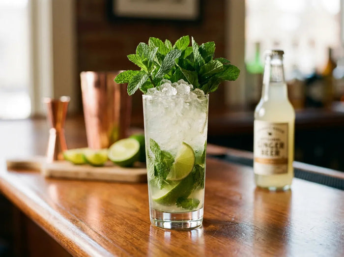 Gin-Gin Mule dans un highball avec gros bouquet de menthe, citron vert et glace pilée sur un comptoir de bar