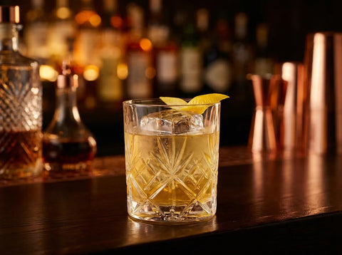 Gold Rush doré sur un gros glaçon avec zeste de citron dans un verre bas taillé, comptoir de bar sombre et chaleureux
