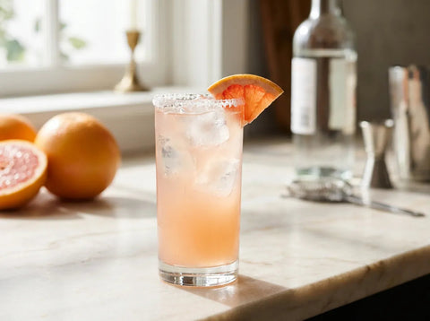 Cocktail Greyhound vodka-pamplemousse dans un grand verre highball avec glaçons et quartier de pamplemousse