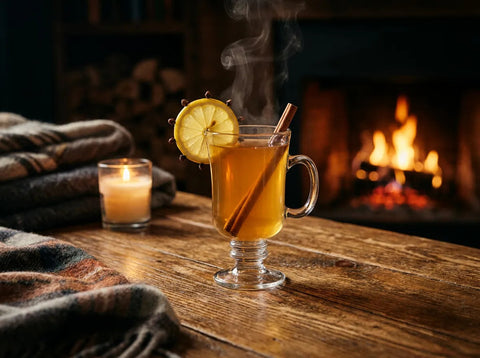Hot Toddy à l'armagnac servi chaud dans un mug avec citron et cannelle