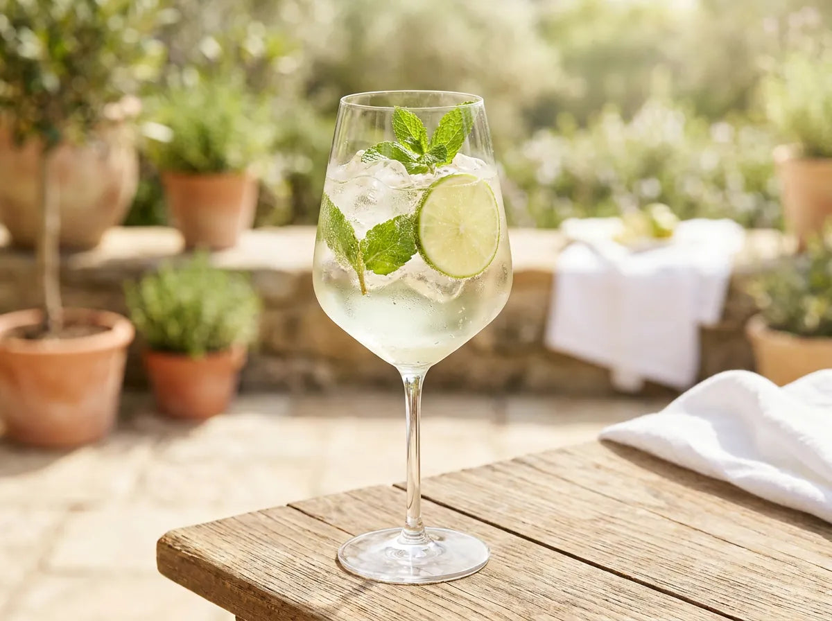 Hugo Spritz dans un grand verre à vin avec menthe fraîche et citron vert