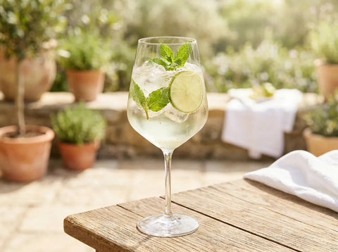 Hugo Spritz dans un grand verre à vin avec menthe fraîche et citron vert