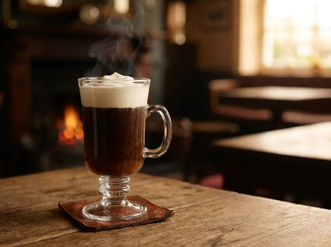 Irish Coffee dans un verre à anse avec son flotteur de crème
