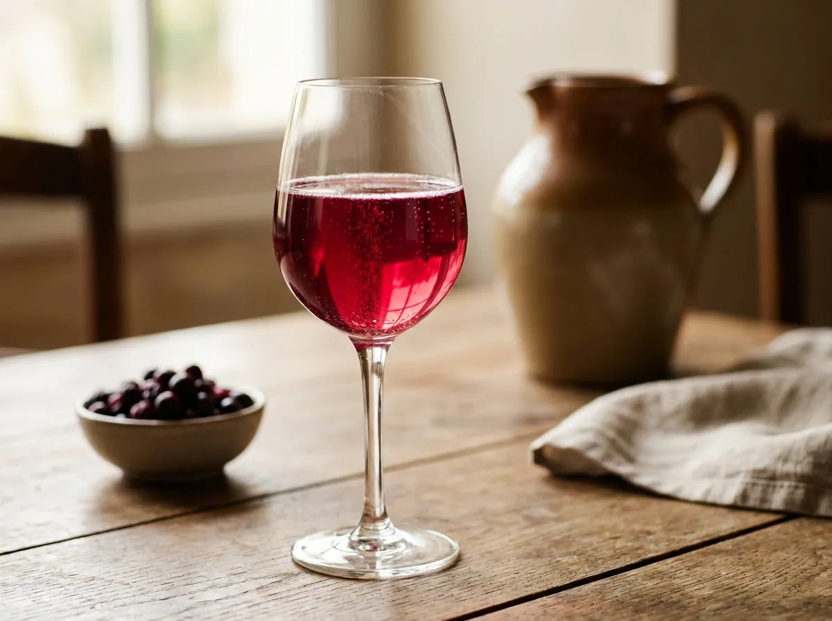 Kir Breton rose pétillant dans un verre à vin sur une table en bois, cruche de cidre en grès et bol de cassis