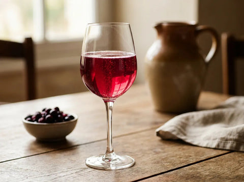 Kir Breton rose pétillant dans un verre à vin sur une table en bois, cruche de cidre en grès et bol de cassis