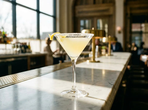 Lemon Drop Martini dans un verre au bord givré de sucre avec un zeste de citron