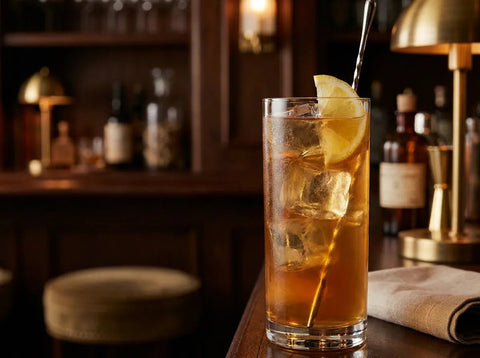 Long Island Iced Tea couleur thé glacé dans un grand verre avec glaçons et quartier de citron