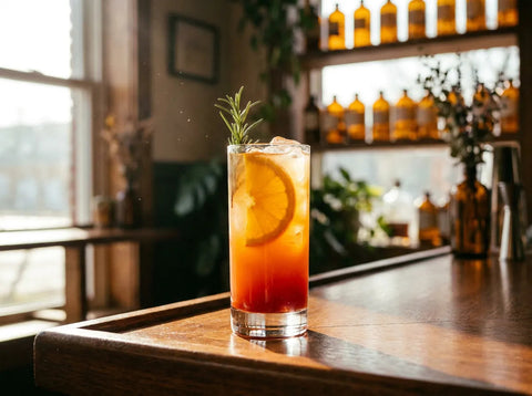 Cocktail Madras au dégradé orange-rouge dans un grand verre highball avec glaçons et tranche d'orange