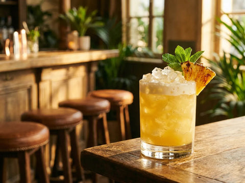 Cocktail Matador mousseux sur glace pilée dans un verre bas avec une tranche d'ananas