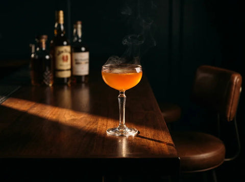 Naked and Famous ambre-orangé dans une coupe avec légère fumée sur un comptoir de bar sombre et dramatique