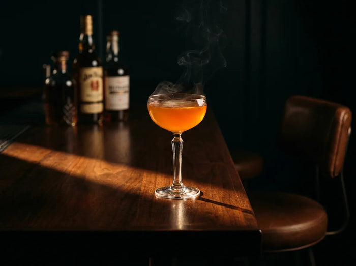 Naked and Famous ambre-orangé dans une coupe avec légère fumée sur un comptoir de bar sombre et dramatique