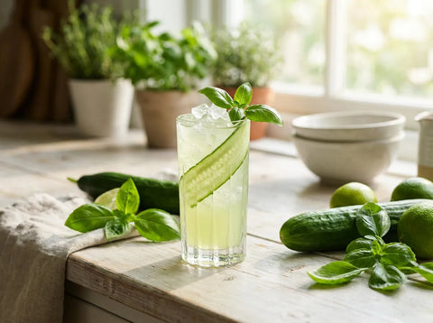 Nojito concombre-basilic, mojito sans alcool vert et frais garni d'un ruban de concombre et de basilic
