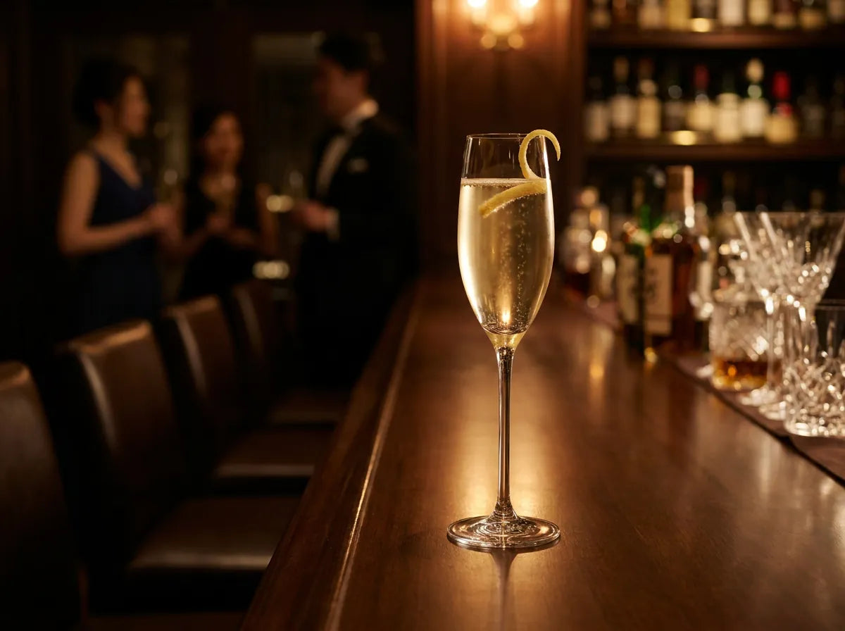 Normandy 75, cocktail au calvados et crémant servi en flûte avec un zeste de citron