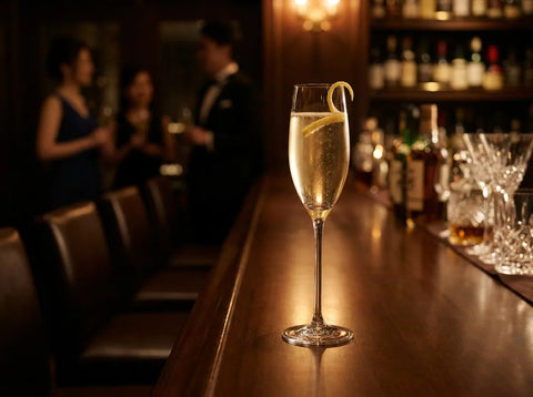Normandy 75, cocktail au calvados et crémant servi en flûte avec un zeste de citron
