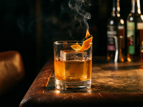 Cocktail Oaxaca Old Fashioned ambré sur un gros glaçon dans un verre bas avec zeste d'orange flambé