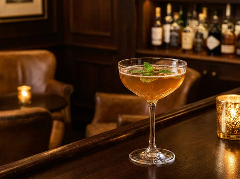 Old Cuban dans une coupe avec feuilles de menthe et bulles de champagne, bar sombre à la bougie
