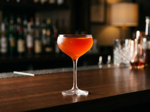Paper Plane orange-rouge dans une coupe sans garniture sur un comptoir de bar tamisé