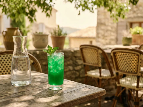 Perroquet vert vif sur glace dans un grand verre, carafe d'eau et branche de menthe, terrasse provençale ensoleillée
