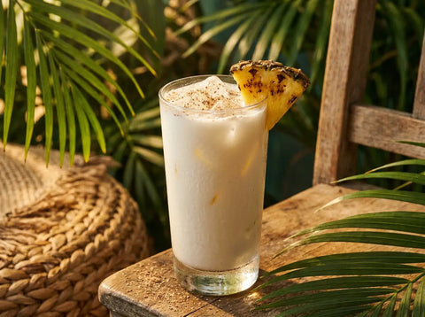 Punch coco antillais servi sur glaçons avec un voile de muscade râpée