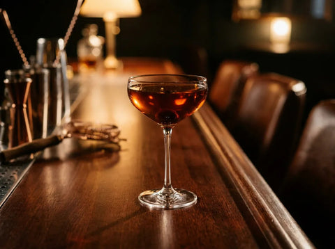 Rob Roy servi en coupe glacée avec une cerise au marasquin