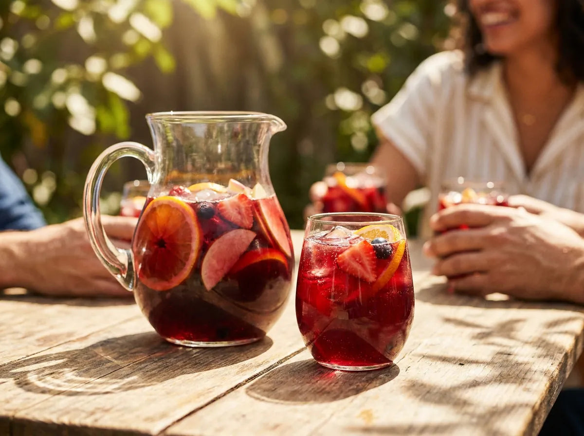 Pichet et verre de sangria rouge aux fruits (orange, pomme, fraise) sur une table en bois au soleil