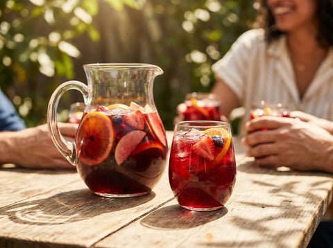 Pichet et verre de sangria rouge aux fruits (orange, pomme, fraise) sur une table en bois au soleil