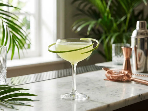 Cocktail Saturn en coupe avec un long zeste de citron en spirale