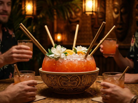 Scorpion Bowl servi dans un grand bol tiki avec fleur, tranches d'orange et plusieurs pailles