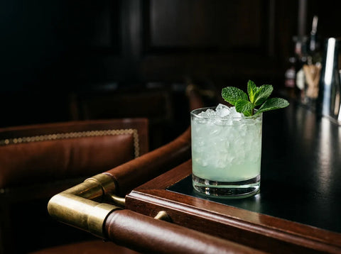 Cocktail Stinger dans un verre bas sur glace pilée avec un brin de menthe