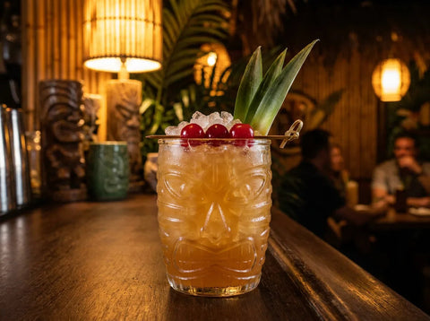 Three Dots and a Dash servi dans un verre tiki avec trois cerises et une feuille d'ananas
