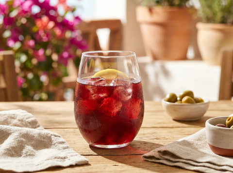 Tinto de Verano rouge sur glace avec rondelle de citron dans un tumbler, terrasse espagnole fleurie